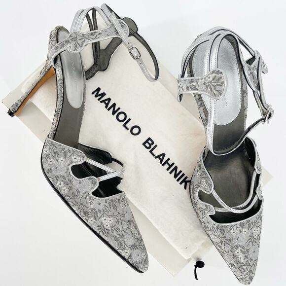Manolo Blahnik Vintage Silver Brocade Floral Pointed Toe Strappy Heel size IT 39 - Picture 1 of 15